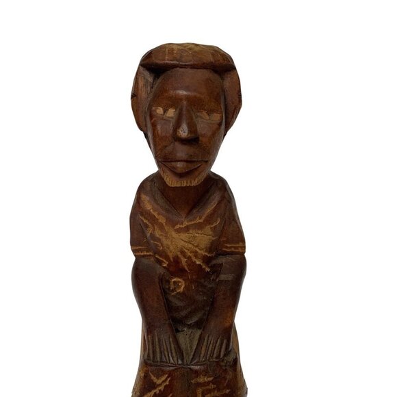 Vintage Wooden Man Carving with Drum - Picture 2 of 7
